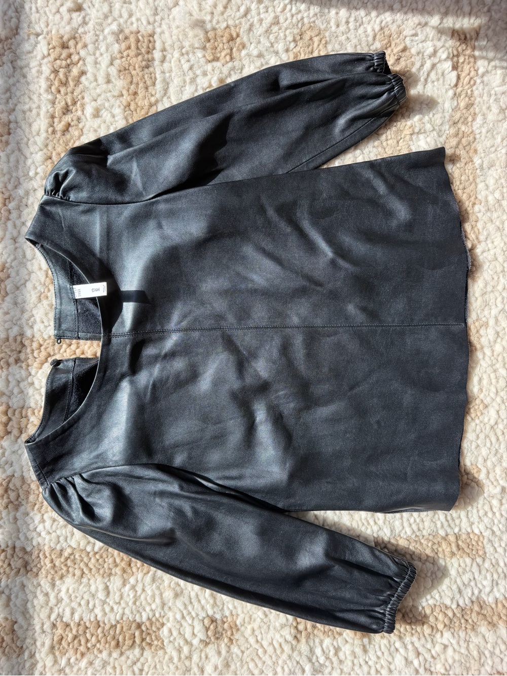 Mango Black Faux Leather Puff-Sleeve Blouse
